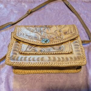 Mexico Hand-Tooled Leather Crossbody Bag in Tan